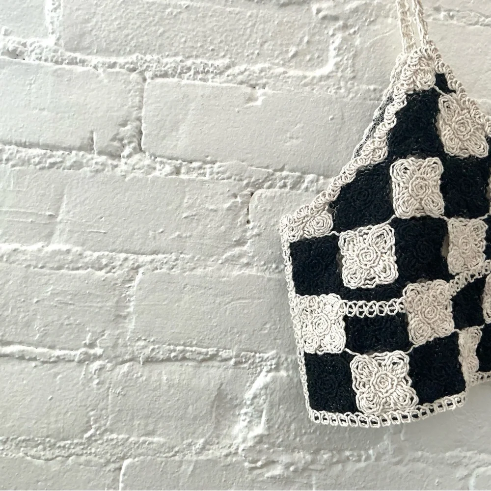 Love J Top Womens Crochet Cropped Tank Cream Black Granny Square Boho Festival - Picture 8 of 11